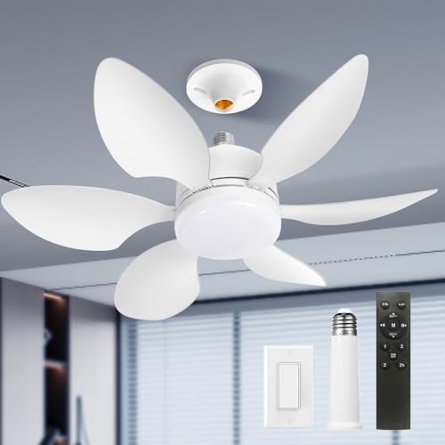FIBRAVE Socket Fan Light with Remote 20 inch Small Ceiling Fans with Lights, 3 Color LED Dimmable, 3 Colors 3000K-6500K, Easy Install Screw in E26 Base for Bedroom Living Room Kitchen Garage Patio