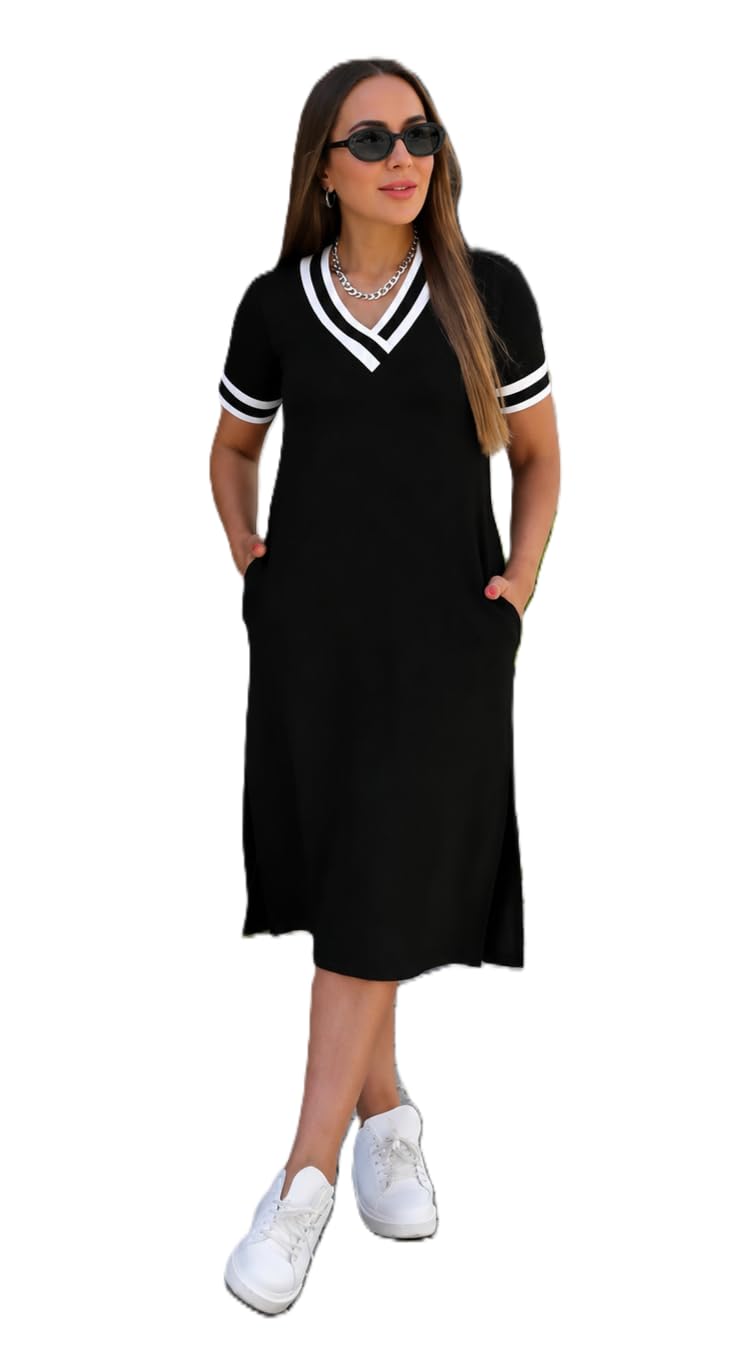 zurity Women's V-Neck Sporty T-Shirt Dress | Stylish Striped Sleeve One Piece for Women | Casual Summer Knee Length Short Dress | Trendy Beach & Resort Wear Western Dress (26 D-1-3)-picture-19
