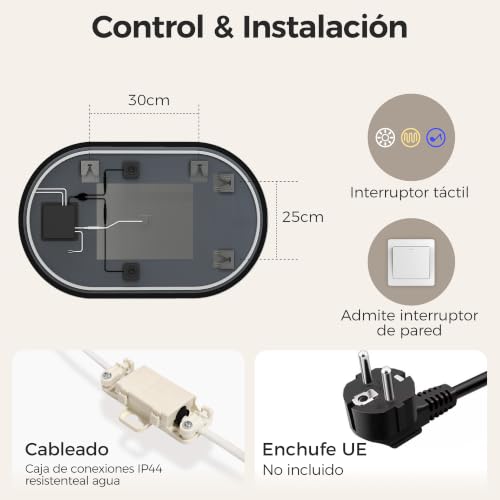 Miniatura 9 de Starlead Negro Espejo-Baño-Ovalado-Con-Luz Y Bluetooth 80x50cm, Espejo-Baño-Led Con Antivaho, Regulable, 3 Colores Luz, Memoria, Ip44, Vidrio Templado, Horizontal Vertical, Marco No Metálico