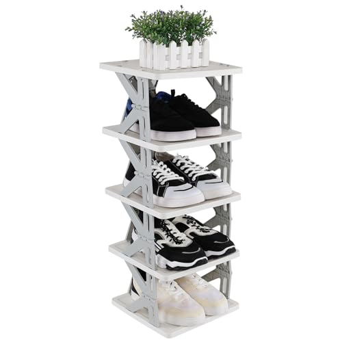 Xeabia 5-Tier Plastic Collapsible Shoe Rack, Small Vertical Shoe Organizer,