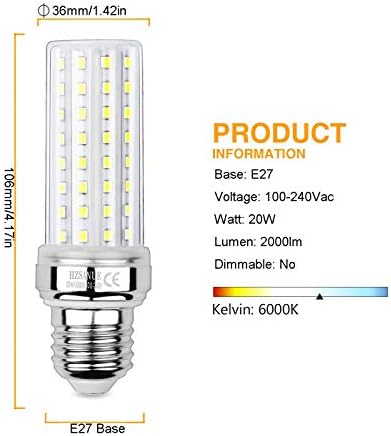 HZSANUE LED Corn Bulbs 20W, 150W Incandescent Bulbs Equivalent, 2300Lm, 6000K Daylight White, E27 Edison Screw, Pack of 3