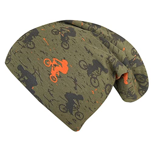 Wollhuhn Gorro de punto para niños y niñas, cómodo y suave, para todo el año, con tejido ecológico y orgánico, Bicicleta de montaña caqui/naranja, 52-54 Cover