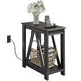 WLIVE Narrow End Table with Charging Station of Open Storage Shelf, Sofa Side Table with 2 USB Ports and 2 Power Outlets, Slim Farmhouse End Table for Small Spaces, Bedroom, Living Room