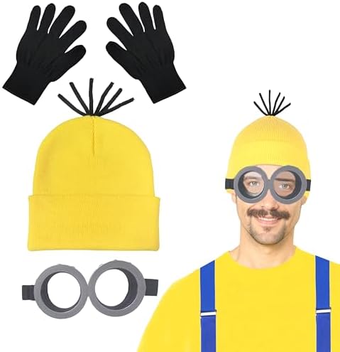 3 PCS Halloween Costume Accessories Adult Yellow Beanie Hat Steampunk Glasses Black Gloves for Men Dress up Cosplay Party image 5