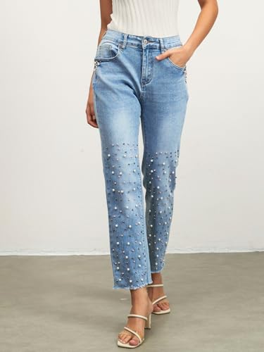 LifeShe Women Pearls Embellished Jeans High Waisted Raw Hem Straight Leg Stretchy Denim Pants3