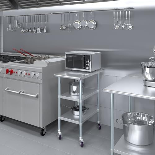 Image of AmGood Stainless Steel Work Table with 2 Shelves and Casters | Metal Utility Table On Wheels (Stainless Steel Work Table with 2 Shelves + Casters, 18 inch Long x 30 inch Deep)