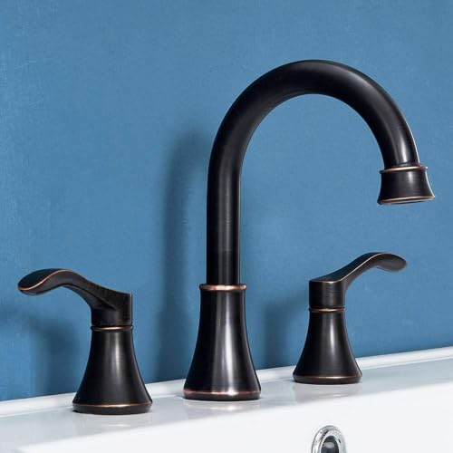 VALISY Oil Rubbed Bronze Bathroom Faucet 2 Handle 3 Hole 8 Inch Widespread Bathroom Faucet 360Swivel High-Arc Spout Stainless Steel Faucet for Bathroom/Vanity/Lavatory VAL052HZST