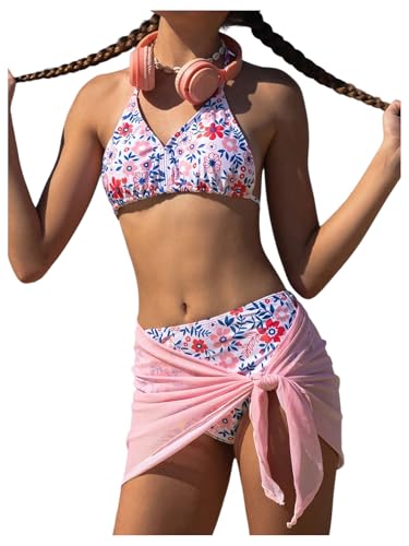 OYOANGLE Girl's 3 Piece Swimsuits Floral Print Halter Triangle Bikini Set with Cover Up Cute Swimwear
