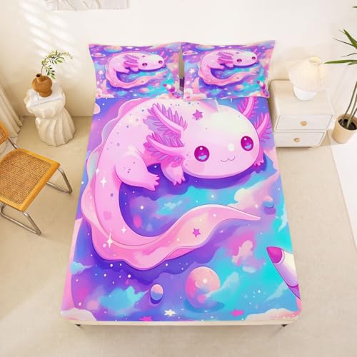 Image of jejeloiu Cute Axolotl Bed Sheets Sets King Size Kids Boys Girls Galaxy Planet Space Bedding Set Cartoon Animal Bed Sheet Set with 16-Inch Deep Pockets Pink Dreamy Starry 4Pcs with 2 Pillow Cases