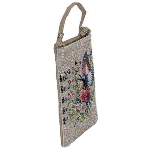 BTC Beaded Crossbody Phone Bag, Natural Symphony Collection, Butterfly Floral Musical Notes Designs, Sequin Embellishments3