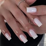 KQueenest Medium Long Press On Nails Coffin Nails Press Ons, Gloss Straight White Colored Long Fake Nails For Women, Solid Color Thick Gel Square Tip Nails Acrylic False Nails Set, 24 Pcs