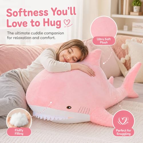 Image of MorisMos Giant Shark Stuffed Animal Plush, Large Stuffed Shark Toy, Soft Shark Pillow for Kids Boys Girls Birthday Christmas, 51inch, Pink
