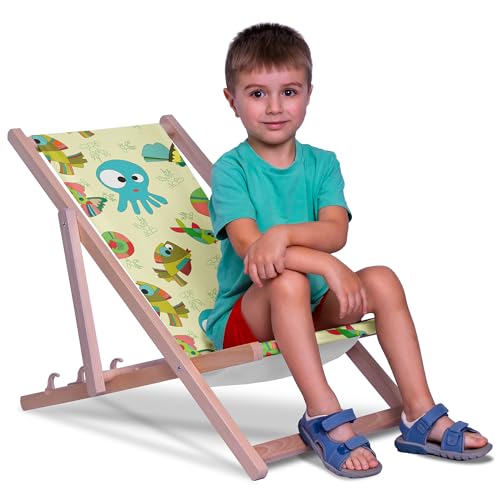 DreamRoots Chaise Longue Enfant en Bois de Hêtre, Chilienne Enfant Pliable, Transat Extérieur Jardin, Plage, Tissu Lavable Polyester 220 g/m², Charge Max 130 kg