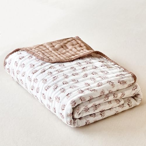 Image of Muslin Throw Blanket 100% Cotton 6-Layer Gauze Floral Pattern Cooling Blanket Lightweight Soft Breathable Quilt for All Season Both Sides for Sofa Couch (Leaves Tan, Throw 50 inchx60 inch)