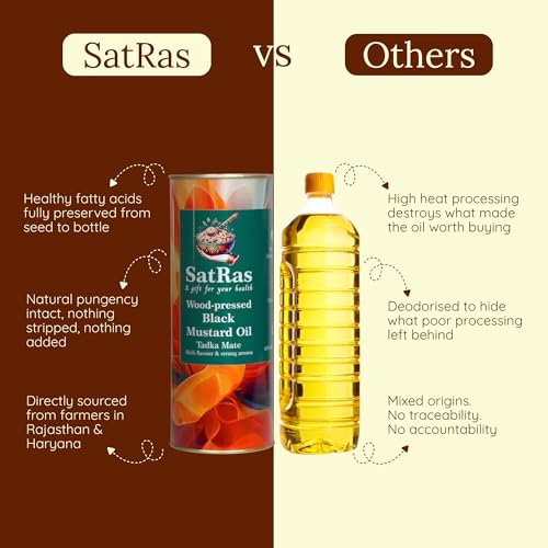 Image of SatRas Wood Pressed Mustard Oil 1 Ltr | Cold Pressed Kachi Ghani Sarso Oil | Wooden Kolhu Extracted Black Mustard Oil | Rich in Omega 3, 6 & Vitamin E, Unrefined, Chemical Free, Pure Indian Edible Oil