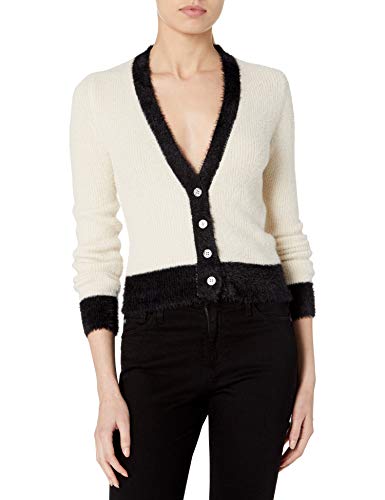 ASTR the label Women's V-Neck Long Sleeve BI-Coastal Two Toned Cropped Button UP Cardigan, Cream-Black, L