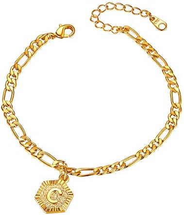 FOCALOOK Initial Anklets for Women Waterproof, Non Tarnish Gold Plated Plus Size Anklet Dainty Hexagon Initial Figaro Ankle Bracelets for Large Ankle Adjustable 8.5-10.5inch (C)