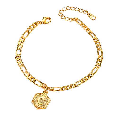 Focalook Initial Anklets For Women Waterproof, Non Tarnish Gold Plated Plus Size Anklet Dainty Hexagon Initial Figaro Ankle Bracelets For Large Ankle Adjustable 8.5-10.5Inch (C) #TOP20