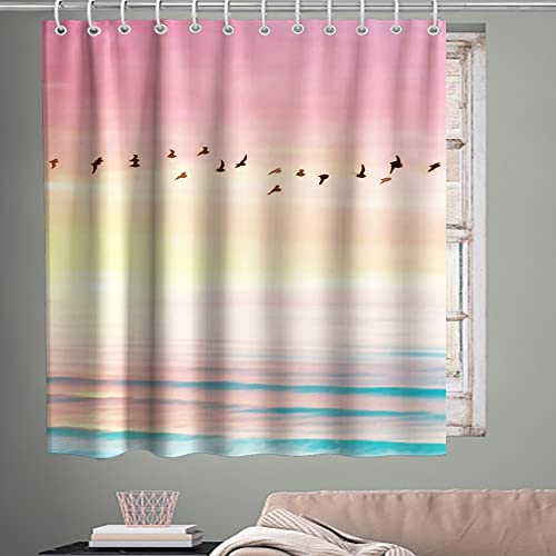 Kntiline Sunset Scenery Beach Ocean Waves Coastal Theme Fabric Ocean Tropical Hawaiian Shower Curtain Sets Kids Bathroom Decor With Hooks Waterproof Washable 72" L X 72" W Teal Pink And Yellow #TOP3