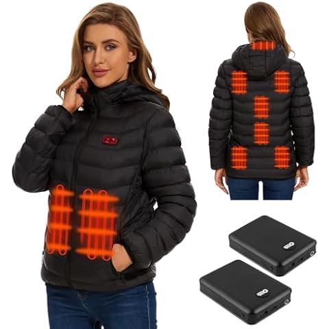QTREE intelligence Heated Jacket for women with 2PCS 10000mAh Battery Packs, 9 Heating Areas Heated Coat and Detachable Hood for Outdoor(S) Cover