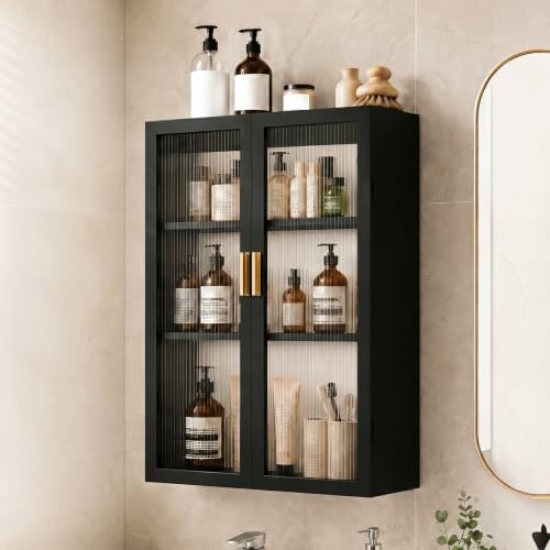Image of Bathroom Storage Cabinet | Bathroom Accessories Set, Washroom Organiser Cabinet | 3 Layer, Space Saving Carbon Steel Shelf, Black, 50 Cm, Pack of 1