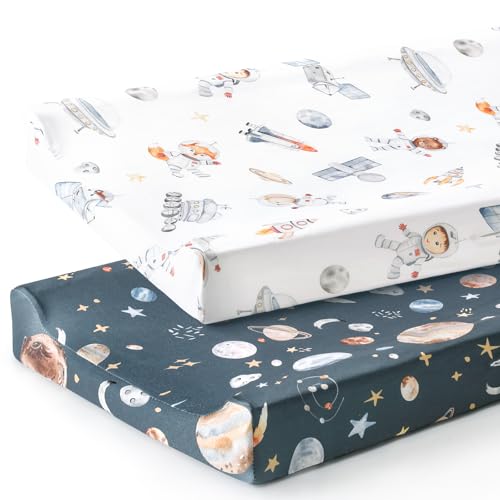 Image of GRSSDER Stretch Ultra Soft Jersey Knit Changing Pad Cover Set 2 Pack, Change Table Pad Covers Fit 32"/34" x 16" Pads Safe and Snug, Space Print for Boys and Girls