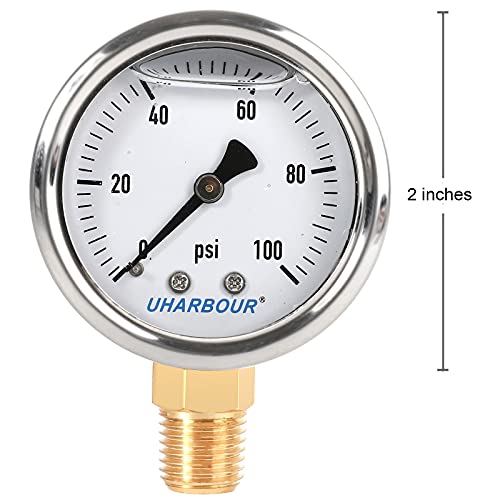 Uharbour Liquid Filled Fuel Pressure Gauge With 2" Dial And 304 Stainless Steel Case, 0-100Psi, 2% Accuracy, 1/4" Npt Center Lower Mount #TOP2