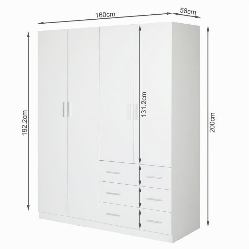 Buyqualia Armario Ropero Blanco 160x57,5x200 cm con 4 Puertas y 3 Cajones – Armario de Dormitorio Amplio y Funcional