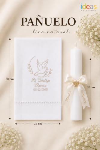 Miniatura 2 de Kit De Bautizo Personalizado Vela Artesanal Con Lazo, Pañuelo Bordado Y Concha Bautismal Pack Premium Con Vela Bautismo,Toalla De Bautismo Bordada, Concha Marina