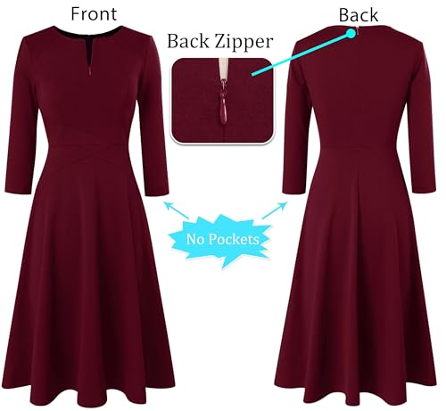Image of VFSHOW Womens Work Business Front Zipper A-Line Dresses 3 /4 Sleeve Office Church Fit and Flare Skater Swing Knee Length Dress