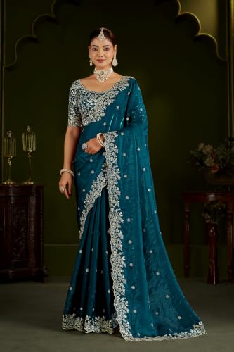 Image of DESTY Saree with Intricate Gold Embroidered Border & Designer Blouse