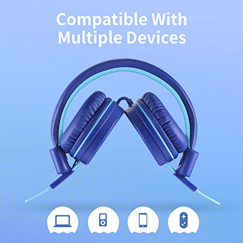 P10 Kids Headphones with Microphone,HD Sound Headphones for Children Boys Girls,Adjustable 85dB/94dB Volume Control,Foldable On-Ear Headpone with Mic for School/PC/Cellphone(Blue)