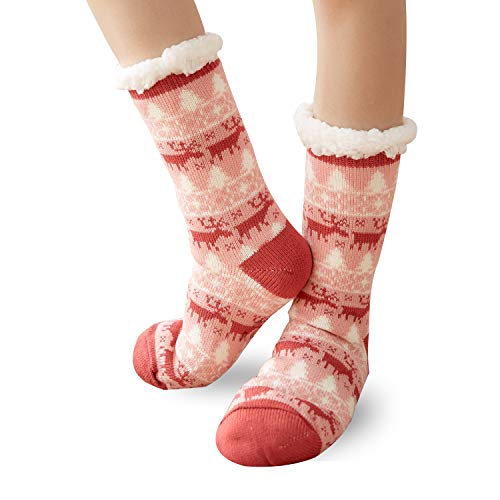 HT&PJ Womens Fuzzy Slipper Socks Warm Cozy Thick Fleece Lined Christmas Stockings Winter Socks With Grippers (Elk Pink)