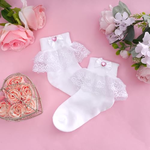 2 Pack Girls Ruffle Lace Socks Novel Pink Heart Rhinestone Frilly Socks for Toddler Little Girls Dress4