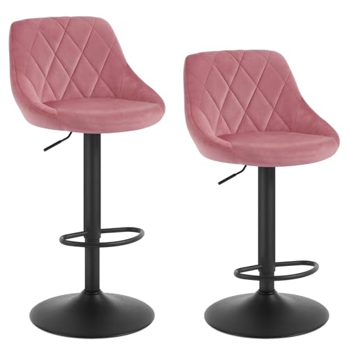 WOLTU Bar Stools Set of 2 Breakfast Bar Chairs Swivel Dining Stools Height Adjustable Kitchen Island Barstools Pink Velvet Upholstery Metal Footrest & Base