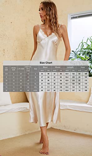 Image of ALCEA ROSEA Women Silk Satin Nightgown Sexy Lace Chemise Lingerie Long Sleepdress for Ladies Sleepwear Slip Negligee