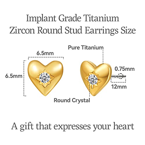 Limerencia G23 Pure Titanium Hypoallergenic Earrings, F136 Implant Grade Titanium Studs Suitable for Sensitive Ears Delicate Jewelry (Love Heart, Gold)2