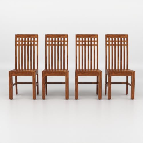 Image of Solid Sheesham Wood Dining Chair Set of 4 | Premium Wooden Dining Chairs | Elegant Vertical Slatted High Backrest | Heavy Duty Dining Table Chairs for Home, Kitchen & Dining Room