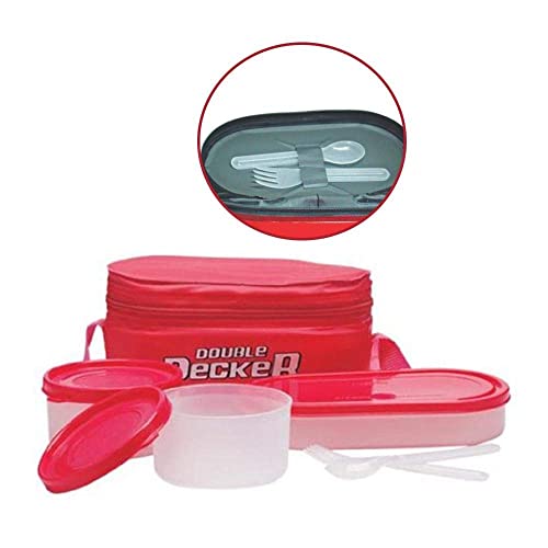 Image of MILTON Double Decker Plastic Lunch Box with Insulated Jacket, 3 Containers (450 ml, 280 ml, 280 ml), Microwavable & Leak-Proof Tiffin for Office, School, College, Red