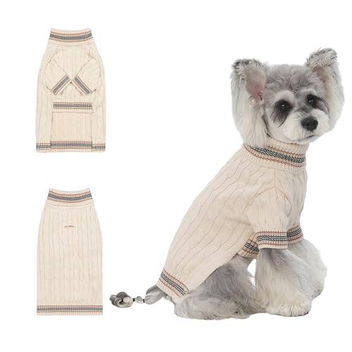 Image of Small /Medium Dog Sweater, Warm Dog Winter Coat w /Sleeves, Comfortable High Neck & Leash Hole, Premium Dog Clothes for Schnauzer-Best for Holidays, Daily Walks M White