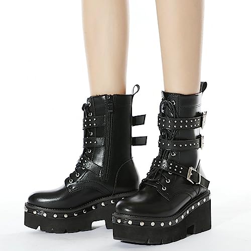 Image of Parisuit Womens Goth Patent Ankle Boots Platform Chunky Combat Boots