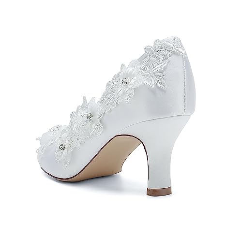 Women's Wedding Shoes Closed Toe Mid Heel Appliques Satin Pumps with Lace Flower Prom Evening Bridal Shoes2