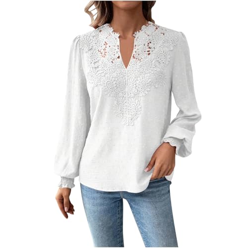 Blusa para mujer, elegante, con costuras de encaje, túnica, manga larga, cuello en V, manga larga, ligera, manga larga, jersey de encaje, manga larga, holgada, blusa para fiestas, Blanco, S