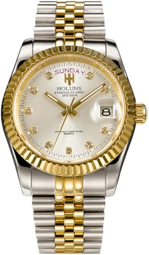 Montre étanche homme avec jour date cadran blanc acier bicolore style luxe