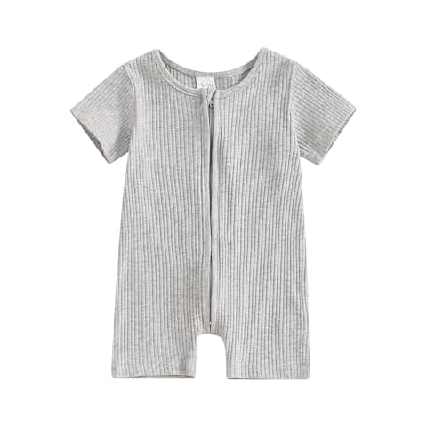 One opening Newborn Baby Girl Clothes Zipper Romper Jumpsuit Solid Color Ribbed Bodysuit Infant Boy Romper Jumpsuit Summer Outfit (Gray, 0-3 Months) Cover