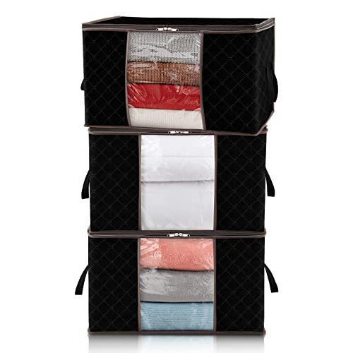 Lifewit Bolsa de Almacenamiento de Ropa de Gran Capacidad con Asa Reforzada y Tela Actualizada para Edredones, Mantas, Organizador de Transpirable con Cremallera Robusta, Negro, 3 Paquetes