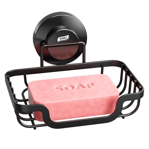 Image of TAILI Soap Dish, Bar Soap Holder Suction Cup, Stainless Steel Sponge Holder | Soap Dish for Shower Wall, Self-Draining Soap Holder Shower for Bathroom & Kitchen, Black