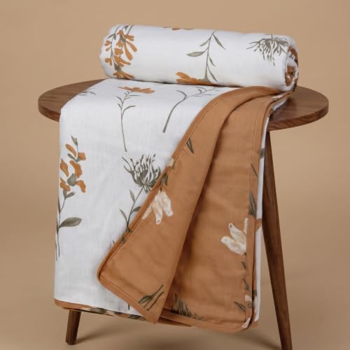 Image of HUESLAND 100% Cotton Reversible Dohar Single Bed Cotton | Soft Cambric Weave, All Weather Light AC Blanket | 56 x 89 inches, Floral - Tangerine Orange & White