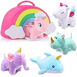 unicornios de peluche gigantes Material de calidad: los lindos juguetes de arcoíris están hechos de materiales de tela texturizados, bien cosidos con precisión para un acabado fino y durabilidad duradera, resistente al desgaste y al desgarro, este juego de unicornio de peluche es completamente seguro e inodoro para que jueguen los niños
