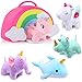 Set de 6 Pièces Jouets Licorne Peluche Animal en Peluche avec Sac de Transport Arc-en-Ciel Set de Jouets Animaux Licorne en Peluche avec 2 Pièces Licornes, Hippo Éléphant Dauphin